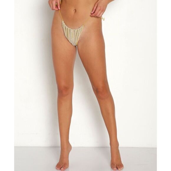 NEW Free People It's Now Cool Gathered Tie Up Bikini Bottom Gold Lurex, size L - Picture 5 of 13